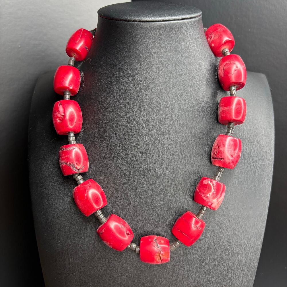 Rare Chinese Red Coral Necklace Chunky Coral Necklace 16"